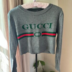 Gucci Gray Knit Sweater with Green Logo and Red-Green Stripe
